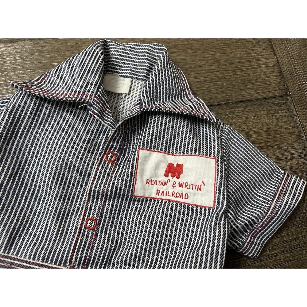Vtg Denim Train Engineer Coveralls Readin' & Writin RR Toddler Stripes Snaps